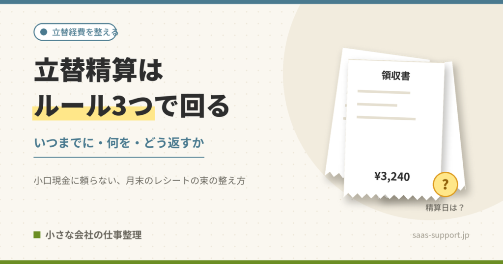 立替精算はルール3つで回る。いつまでに・何を・どう返すか。レシートの束と精算日が空欄のイメージ