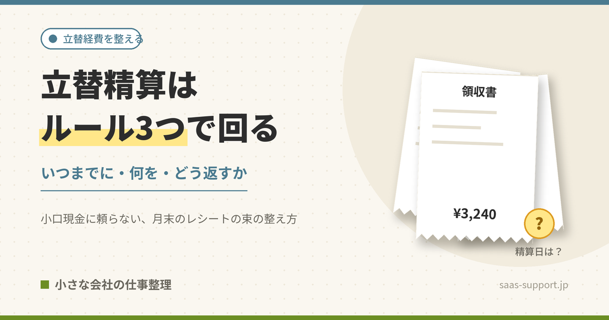 立替精算はルール3つで回る。いつまでに・何を・どう返すか。レシートの束と精算日が空欄のイメージ
